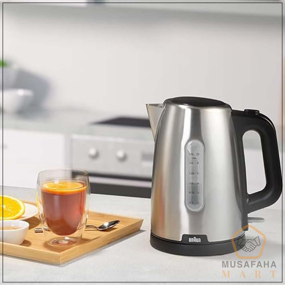 Braun WK1500 2200W electric kettle black and stainless steel front view