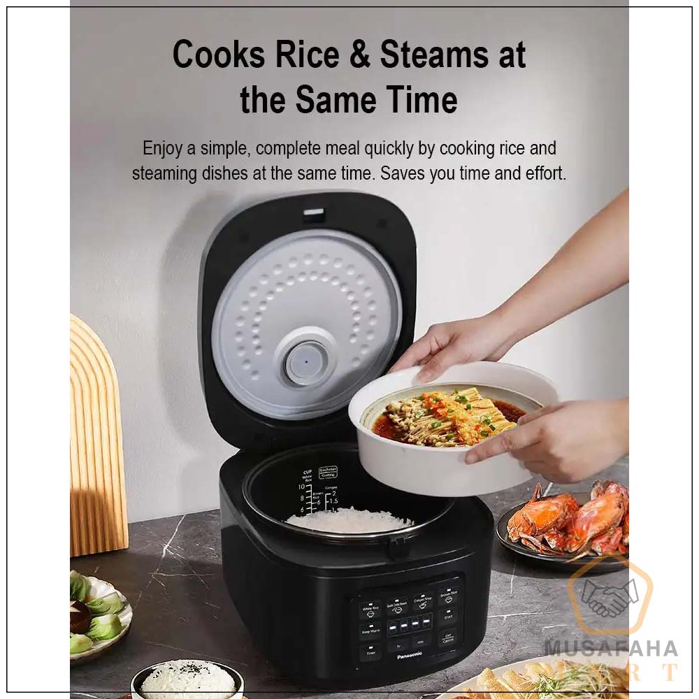 Panasonic SR-DA182 rice cooker with steaming basket and accessories