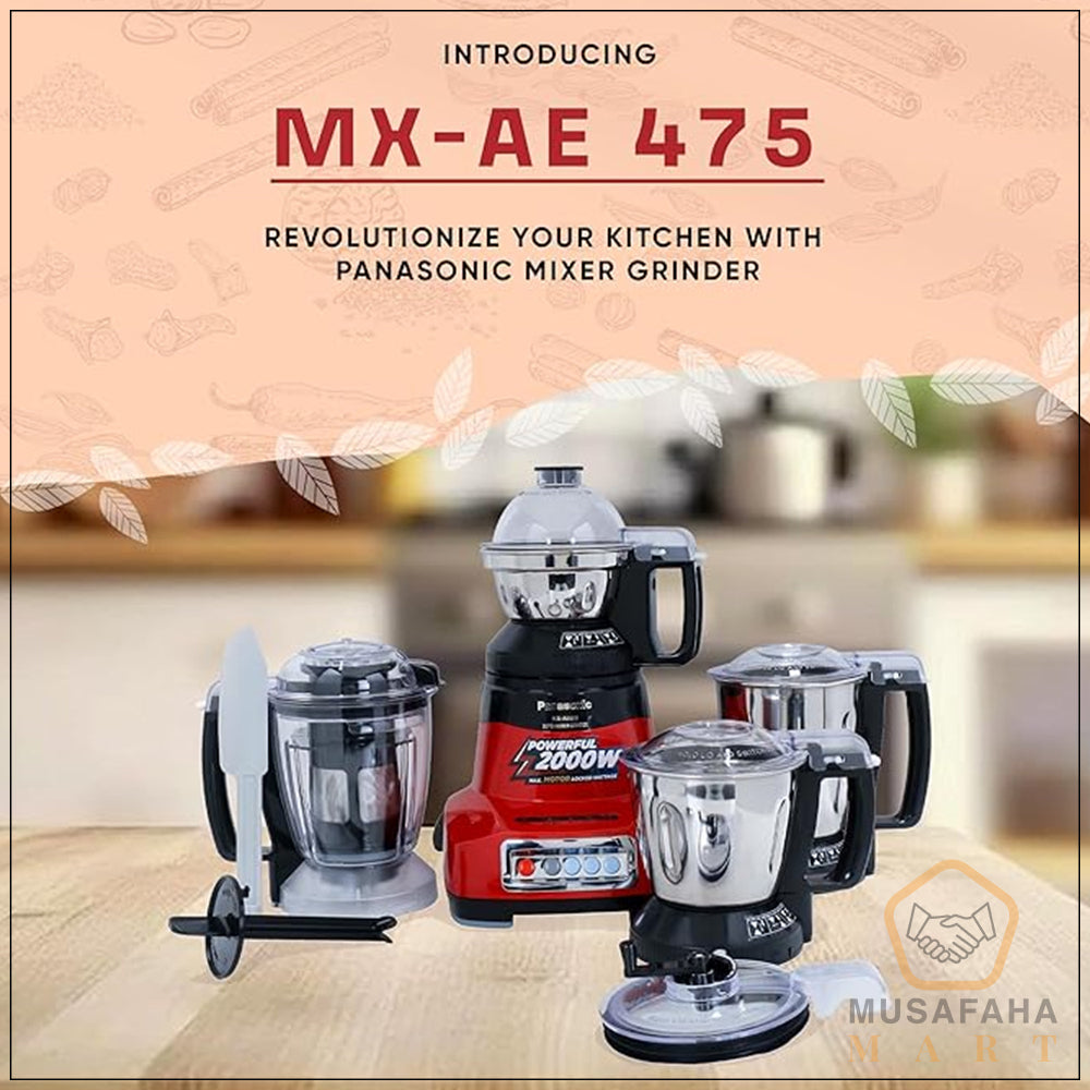 Panasonic MX-AE475 Mixer Grinder – Monster 2000W Super Mixer Grinder with 4 Stainless Steel Jars & Juicer Extractor (Red)