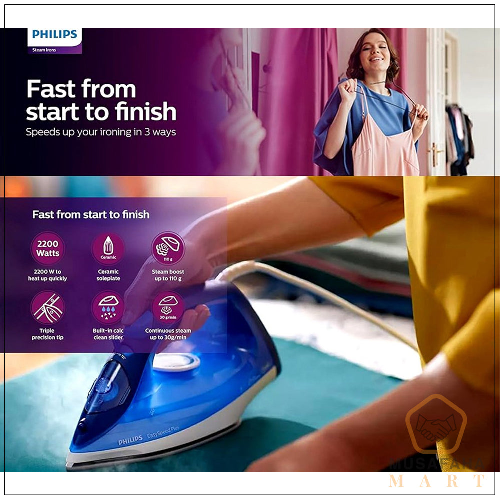 Philips EasySpeed 2200W blue steam iron for clothes