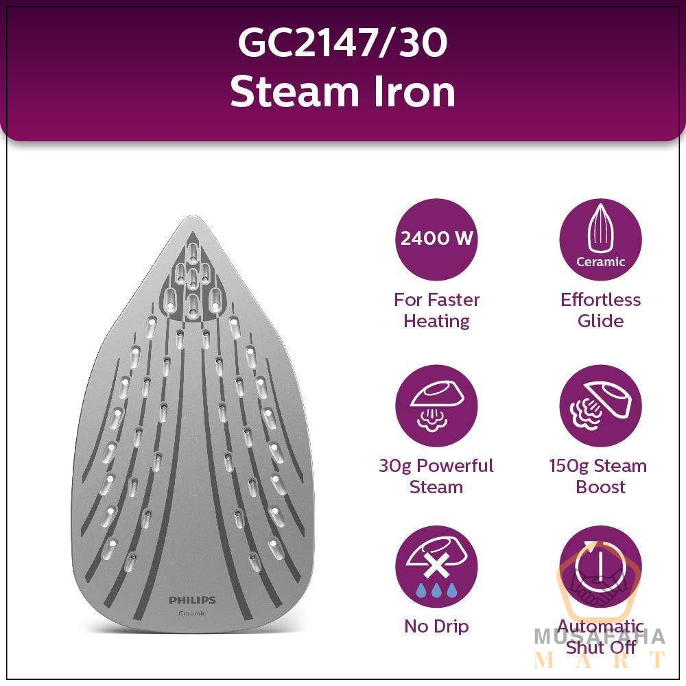 Philips GC2147/30 steam iron ceramic soleplate close-up