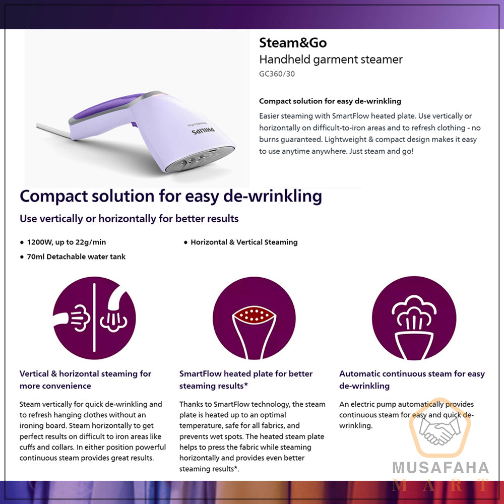 Philips GC360/30 Handheld Garment Steamer Vertical & Horizontal Steaming, 1200 Watt
