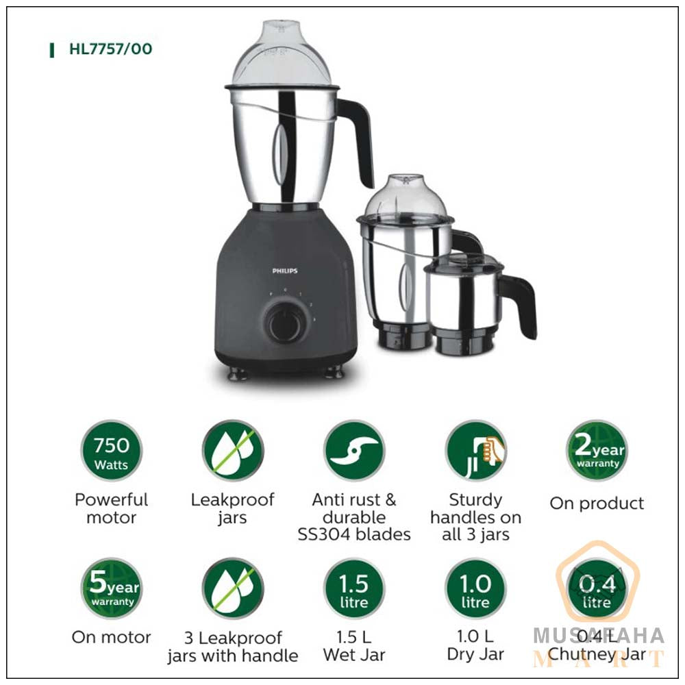 Philips Mixer Grinder HL7757/00-black 750Watts Turbo Motor– 3 Stainless Steel Jars | 2 Years Warranty (Black)