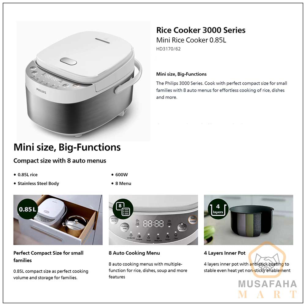 Philips Rice Cooker HD3170 Mini Size 3000 Series Mini – Big Functions