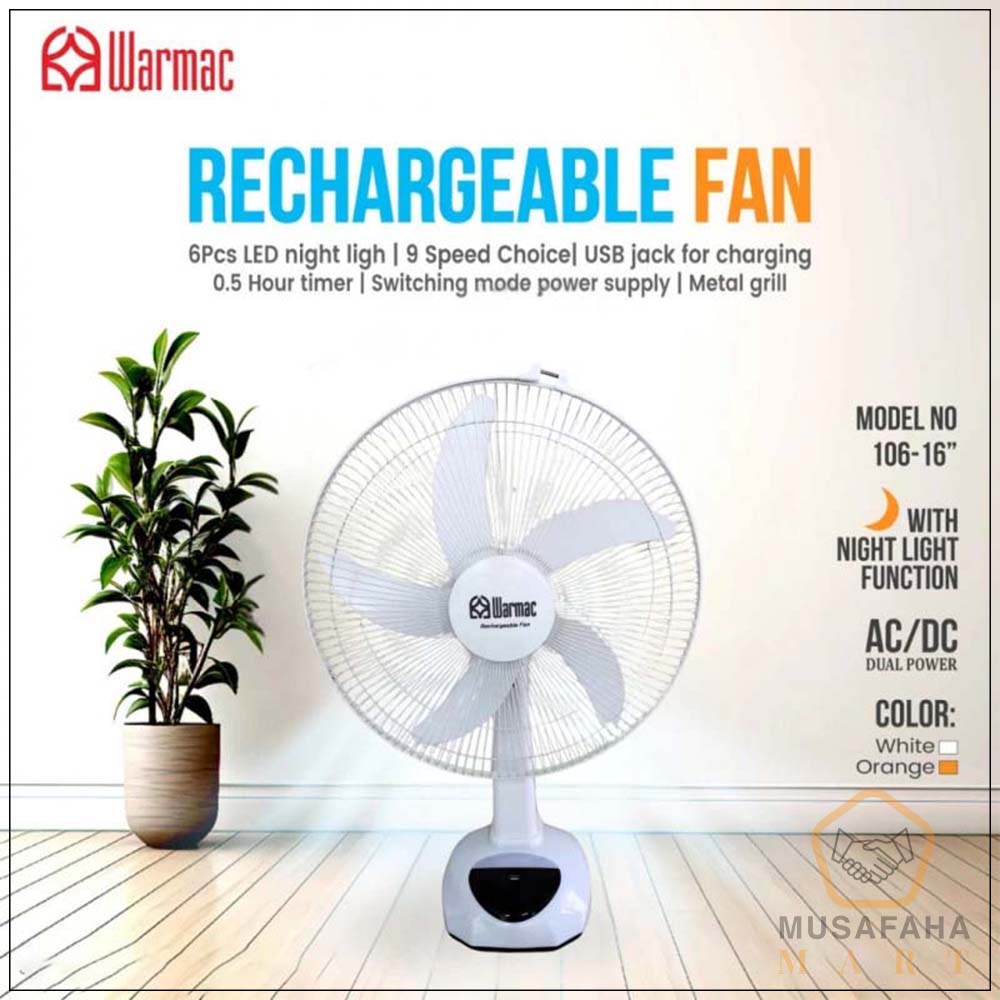 WARMAC 16 inch rechargeable fan for home and office