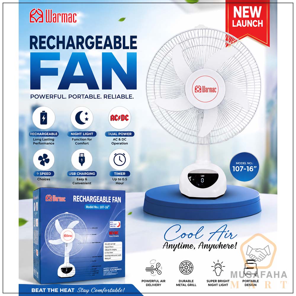 WARMAC 107 16 inch AC DC rechargeable electric fan