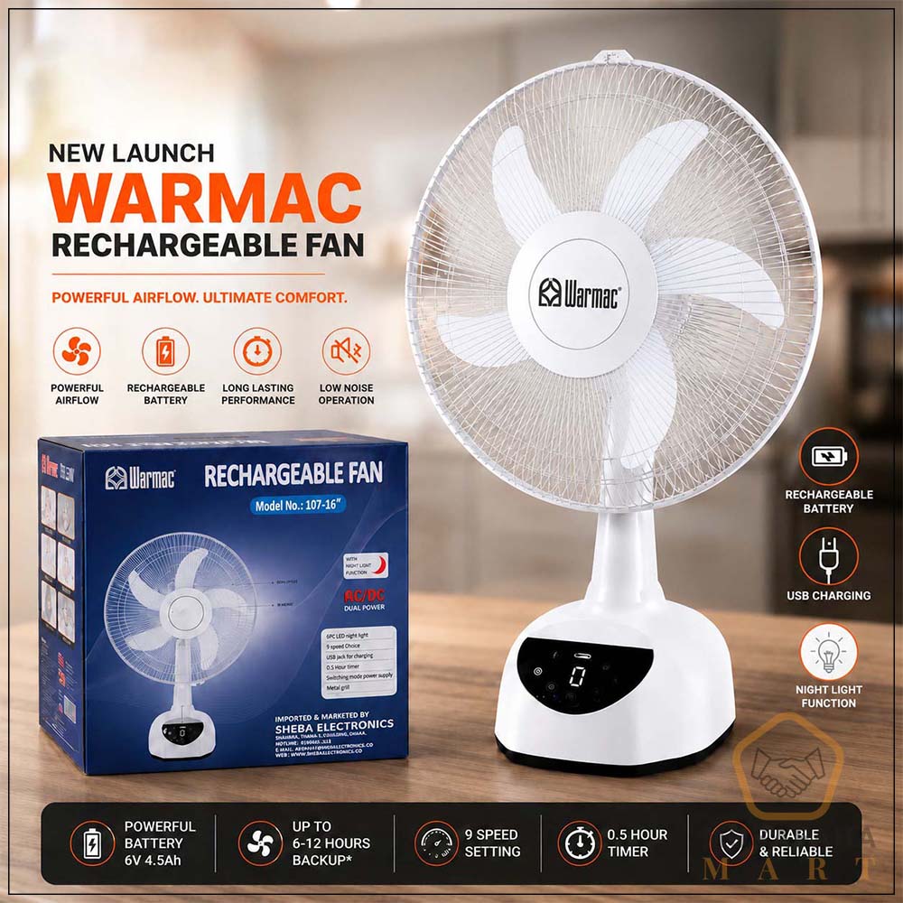 WARMAC rechargeable fan 16 inch model 107 front view