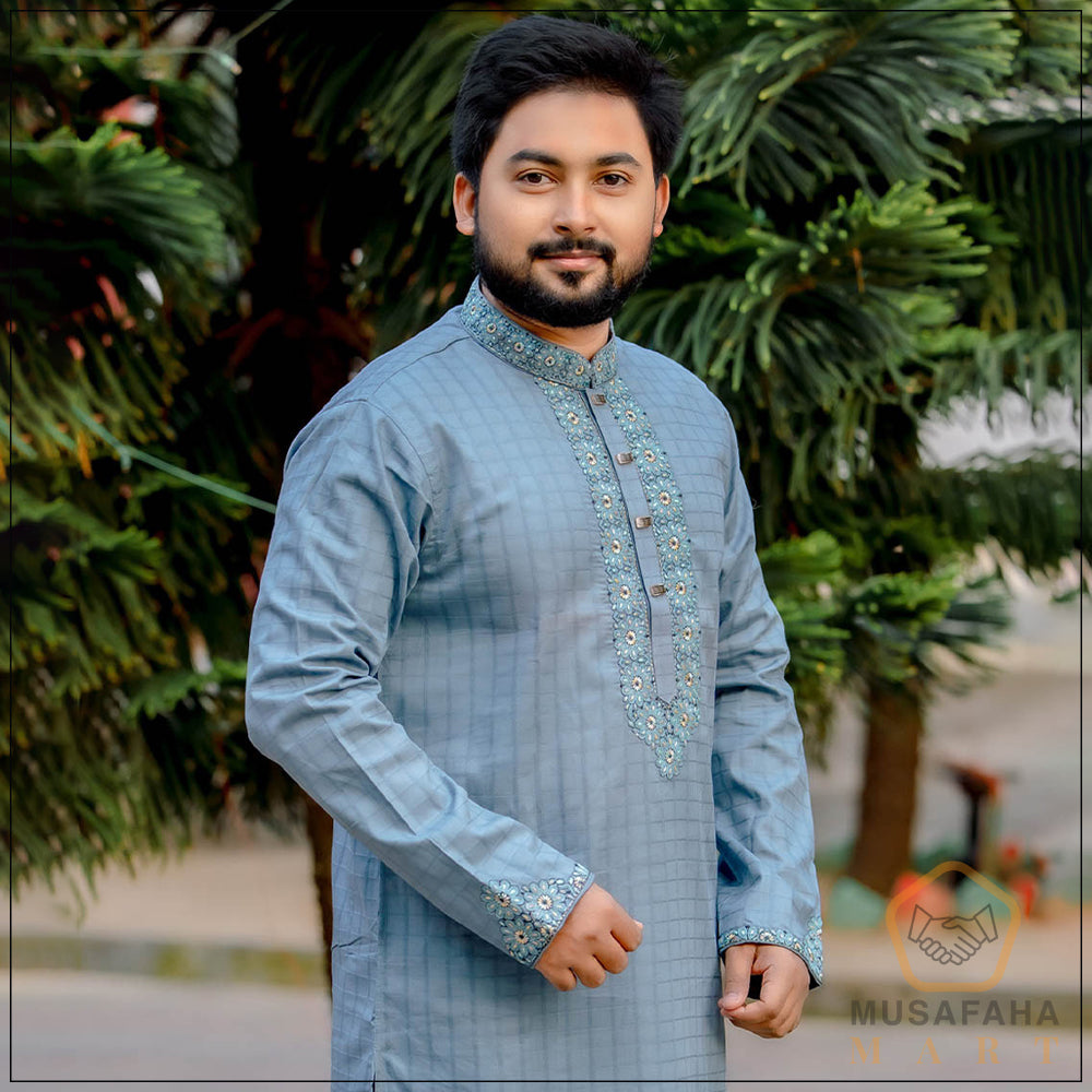 Light Grayish-Blue Color Cotton Panjabi
