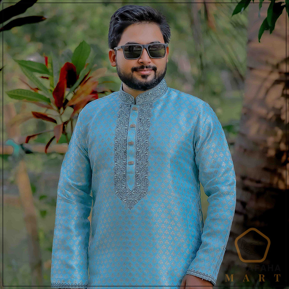 স্কাই ব্লু কালার কাতান পাঞ্জাবী । Code - 25